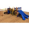 Playground equipment with slides and climbing structures.