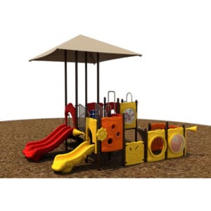 Children's playground structure with slides and canopy.