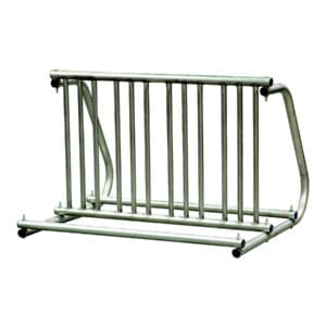 Metal bike rack, holds ten bikes.