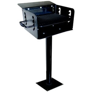 Black park grill with hinged lid.