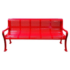 Red metal park bench with armrests.