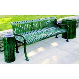 Green park bench with matching receptacles.
