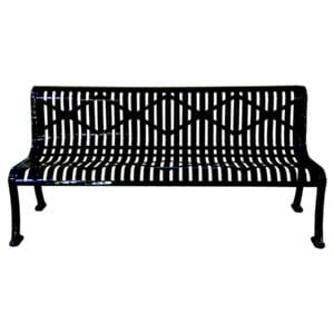 Black metal park bench with slats.