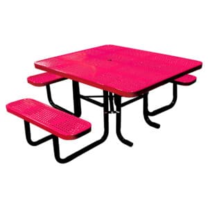 Pink metal picnic table with benches.