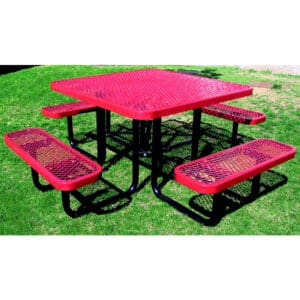 Red metal picnic table with benches.