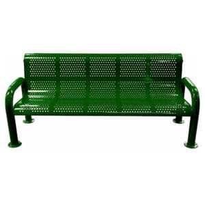 Green metal park bench with armrests.