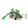 Green and beige playground with slides.