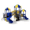 Blue and yellow playground with slides.
