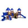 Colorful playground with slides and climbing structures.