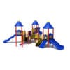 Colorful playground with slides and swings.
