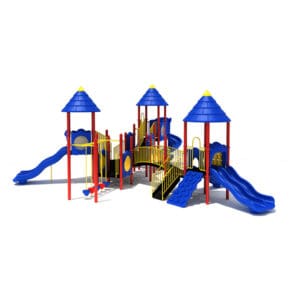 Colorful playground with slides and swings.