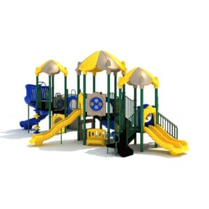 Colorful playground with slides and climbing structures.