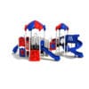 Red and blue playground with slides.