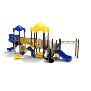 Blue and yellow playground with slides.