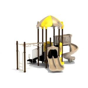 Children's playground with slides and climbing bars.