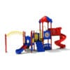 Red and blue playground with slides.