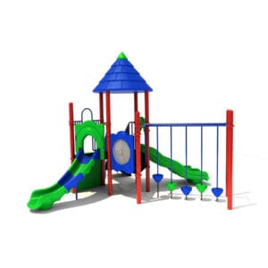 Colorful playground with slides and swings.