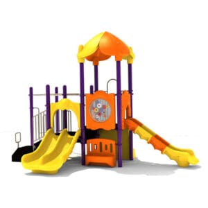 Colorful playground with slides and climbing structure.