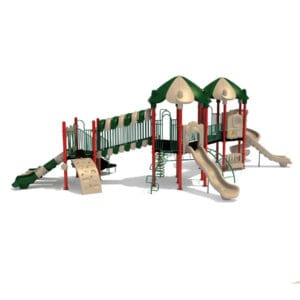 Playground structure with slides and climbing features.