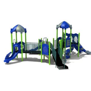 Blue and green children's playground equipment structure.
