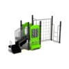 Green playground slide with climbing wall.