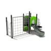 Green playground with climbing wall and slide.