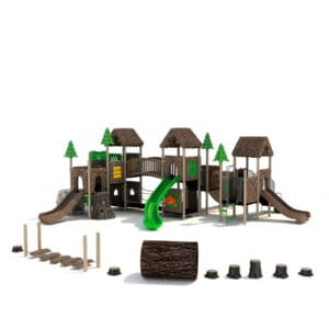Woodland-themed playground with slides and bridges.