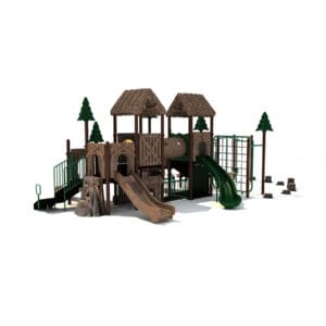 Wooden playground with slides and climbing features.