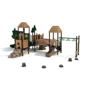Wooden playground structure with slides.