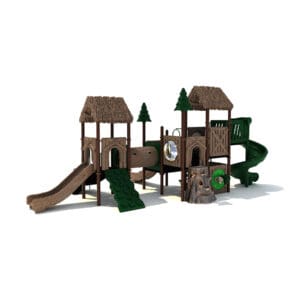 Wooden playground with slides and climbing features.