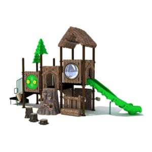 Wooden playground structure with green slide.
