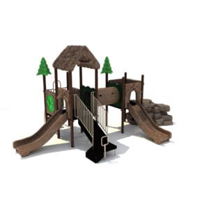 Wooden playground with slides and climbing features.