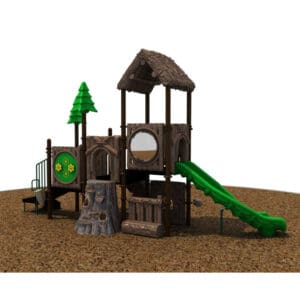 Wooden playground with slide and climbing elements.