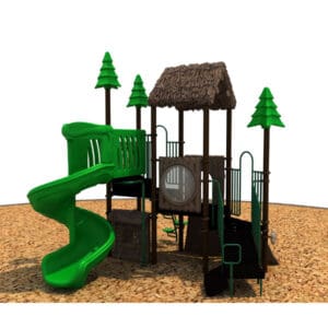 Playground structure with slide and climbing elements.