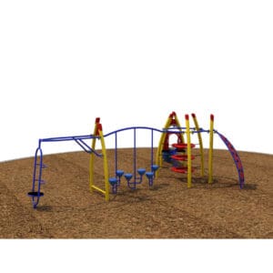 Colorful playground equipment on mulch surface.