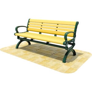 Yellow park bench with green arms.
