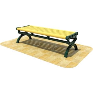 Yellow park bench on tiled ground.
