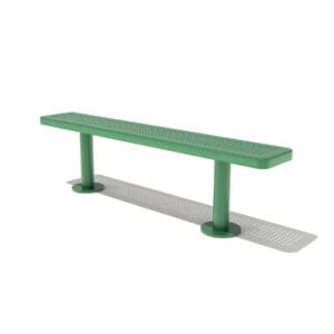 Green metal park bench with perforated seat.