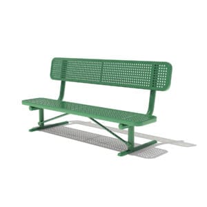 Green metal park bench with back.