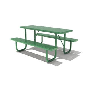 Green metal picnic table with benches.