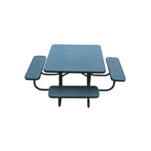 Green metal picnic table with benches.