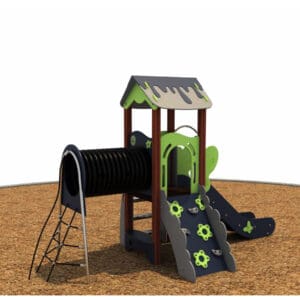 Children's playground structure with slide and tunnel.