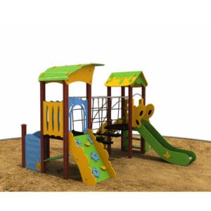 Colorful playground set with slides and ladder.