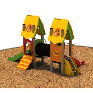 Colorful playground equipment with slides and tunnels.