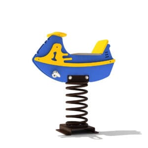 Blue and yellow spring rider toy.