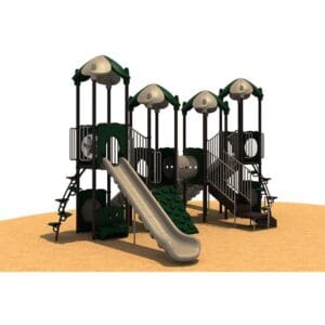 Large playground with slide and climbing structures.