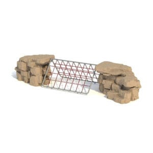 Here's an alt tag for the image: Rope bridge between rock formations.