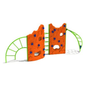 Orange playground climbing wall with bars.