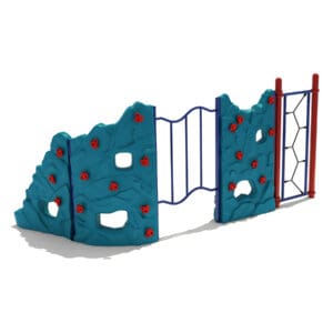 Kids' playground climbing wall with net.