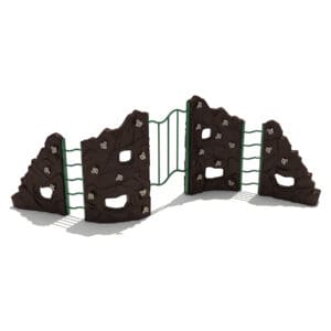 Brown rock climbing wall with green bars.